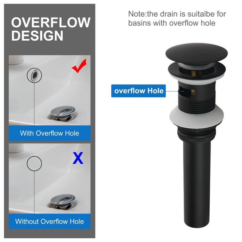 SHAMANDA Brass Bathroom Sink Drain, Vessel Vanity Sink Pop Up Drain Stopper with Overflow Lavatory Drain Assembly, Matte Black, DS101-7 - Image 4